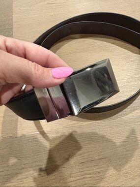 Classic Men's reversible Black brown faux leather Belt Polished Silver Buckle 42